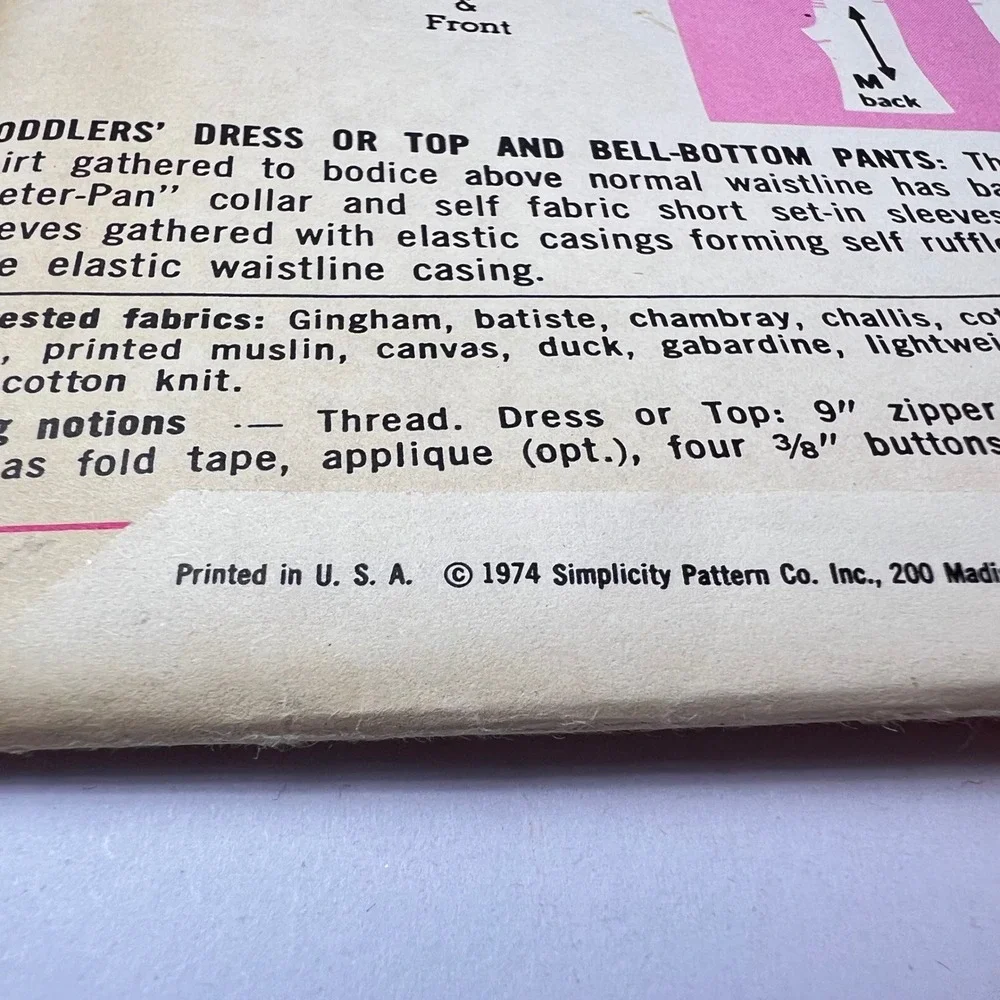 Simplicity 6532 Sewing Pattern Toddler Size‎ 3 Bell Bottom Pants Dress Top 1974